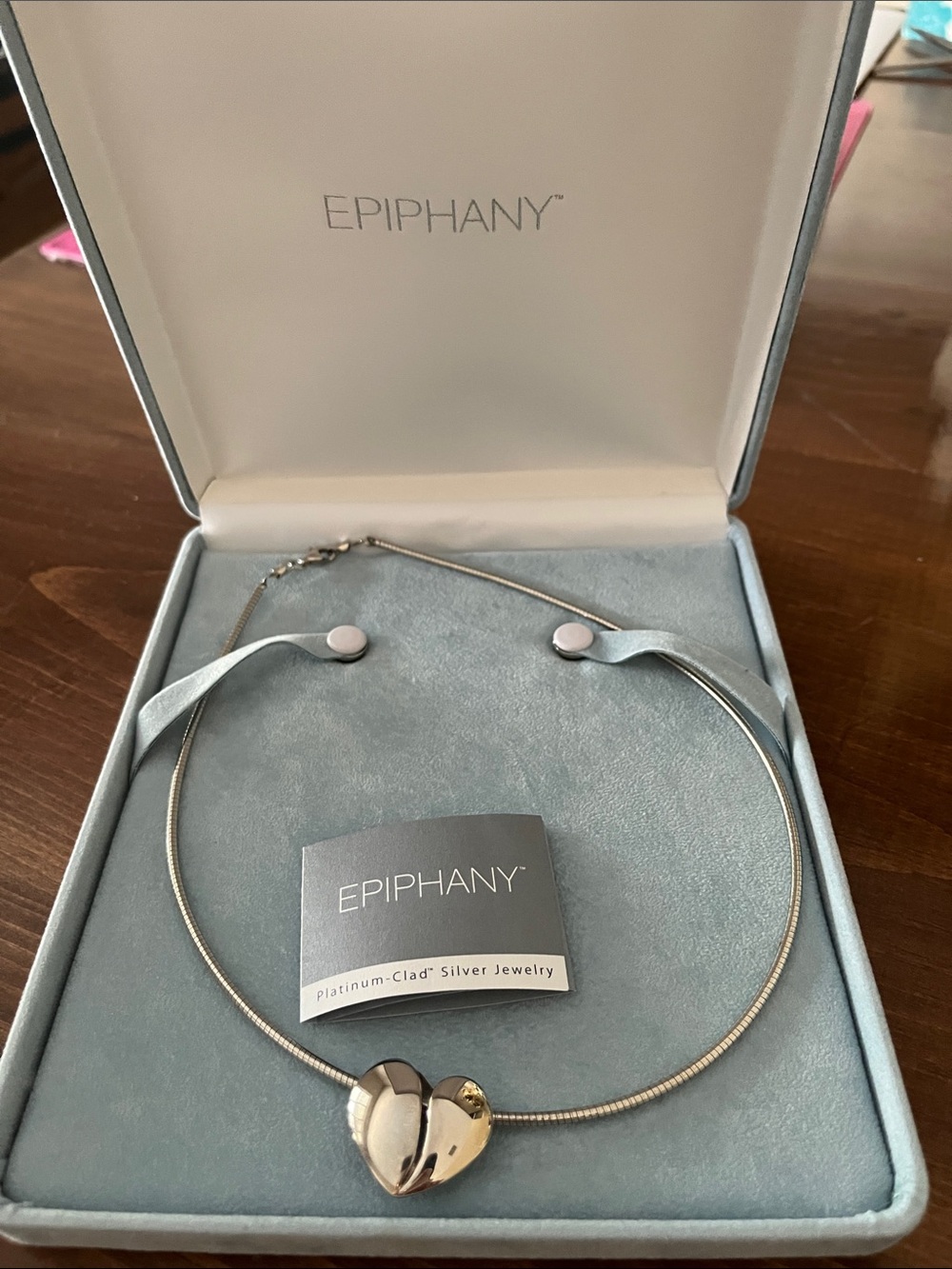 Epiphany platinum clad sterling silver snake chain with Heart Pendant orig pkg